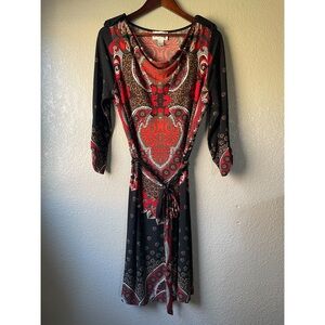 Joseph Ribkoff US 12 Cowl Slouch Neck Belted Boho 3/4 Roll Tab Sleeve Midi Dress